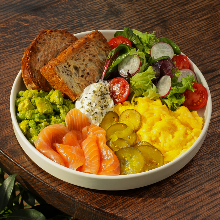 Balanced breakfast with salmon